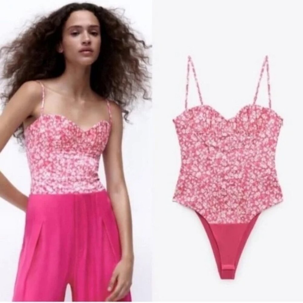 NWT Zara Pink White Floral Lined Corset Bodysuit size M